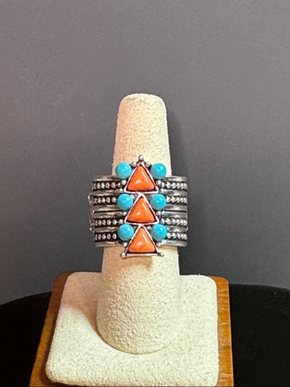 southwest style turquoise & orange on textured silver banded ring